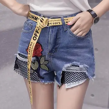 2017 New Hot Pants Women Shorts Summer Mid Waist Ripped Hole Embroidery Denim Shorts Plus Size Casual New Yarn Jeans Blue Shorts