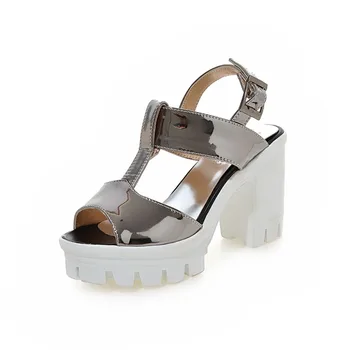Fashion T Strap Platform Thick High Heel Sandals Microfiber Buckle Back Strap Party Shoes Woman