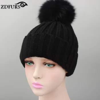 Fox fur ball cap pom poms winter hat for women girl 's wool hat knitted cotton beanies cap brand new thick female cap