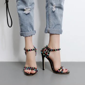 New Women Sexy High Heels Buckle Strap Open Toe Narrow Band Stilettos Female Fashion Multicolor Rivets Thin Pumps Party Sandals