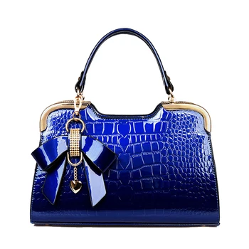 MANXISI Brand Women Top-Handle Bags Ladies Leather Handbags With Bow Blue Patent Leather Hard Stone Pattern Fashion Casual Tote