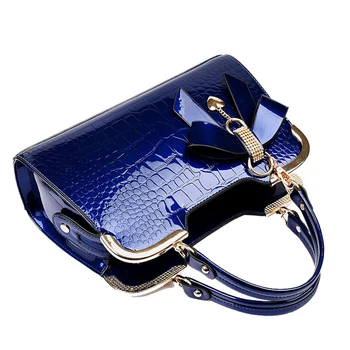 MANXISI Brand Women Top-Handle Bags Ladies Leather Handbags With Bow Blue Patent Leather Hard Stone Pattern Fashion Casual Tote