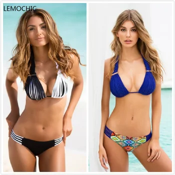 LEMOCHIC sexy high neck triangle brazilian bikini low waist bathing suit swimwear women monokini 2017 newest tanga