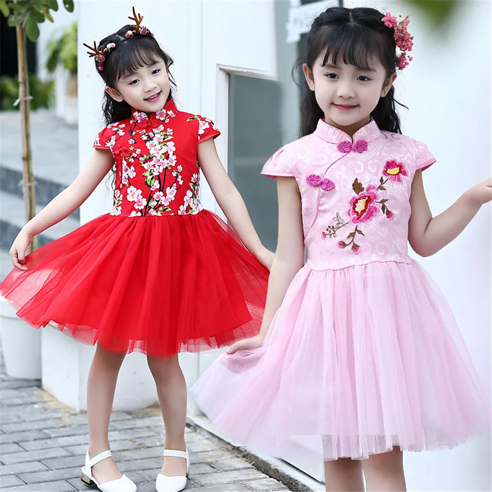 Girls Dress Summer 2017 Small Beauty New Children Lace Cheongsam Embroidery Pleated Party Gown Kids Clothes Vestidos Infantil