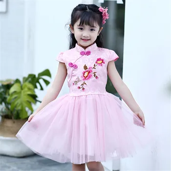 Girls Dress Summer 2017 Small Beauty New Children Lace Cheongsam Embroidery Pleated Party Gown Kids Clothes Vestidos Infantil