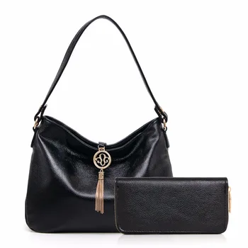 2016 Fashion Handbags Set Soft Leather Hobo Bags For Women Black Handbag 2 Pieces Bag Set Shoulder Bag Crossbody Purse