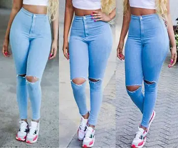 Fashion Sexy Women Denim Skinny Pants High Waist Stretch Hole Jeans Slim Pencil Pant Trousers