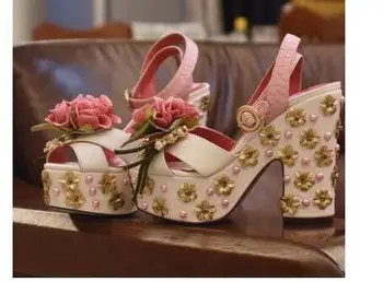 Choudory Brand 2017 Newest Platform Thick Heels sandal rose flower decorations ankle strap shoes metal flower cutouts sandal