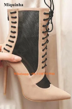 2017 New Fashion Women Lace-up Suede Leather Mesh Design High Heel Ankle Boots Pointed Toe Patchwork Thin Heel Gladiator Boots