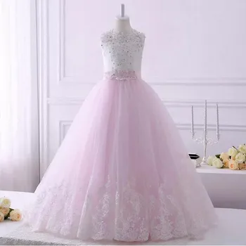 Real Picture White Pink Flower Girl Dresses For Weddings Princess Beaded Lace Bow Kids First Communion Gowns Custom Made