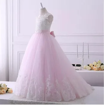 Real Picture White Pink Flower Girl Dresses For Weddings Princess Beaded Lace Bow Kids First Communion Gowns Custom Made
