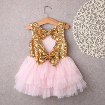 Infant Toddler Baby Girl Sequins Flower Dress Bow Lace Tulle Party Gown Formal Dresses Backless Sundress
