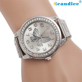 1PC Butterfly Pattern Stainless Steel Women Watches Big Dial Crystal Bezel Bracelet Quartz Wrist Watch Creative Mar13