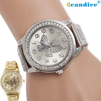 1PC Butterfly Pattern Stainless Steel Women Watches Big Dial Crystal Bezel Bracelet Quartz Wrist Watch Creative Mar13