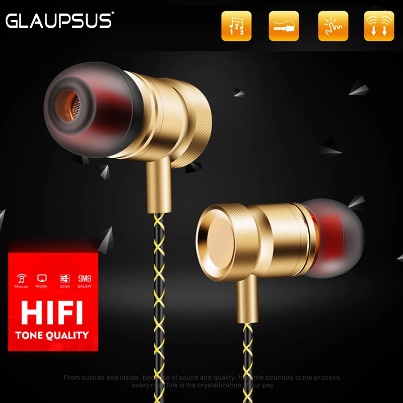 GLAUPSUS GJ01 In-Ear 3.5mm Super Bass Microphone Earphones Earplug Stereo Metal HIFI In Ear Earbuds for iPhone Mobile Phone