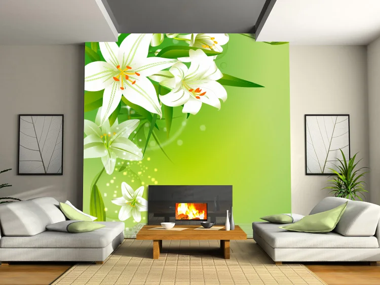 Fresh lily living room sofa TV background wallpaper bedroom fabric wall paper murals large 3D stereoscopic personalized custom
