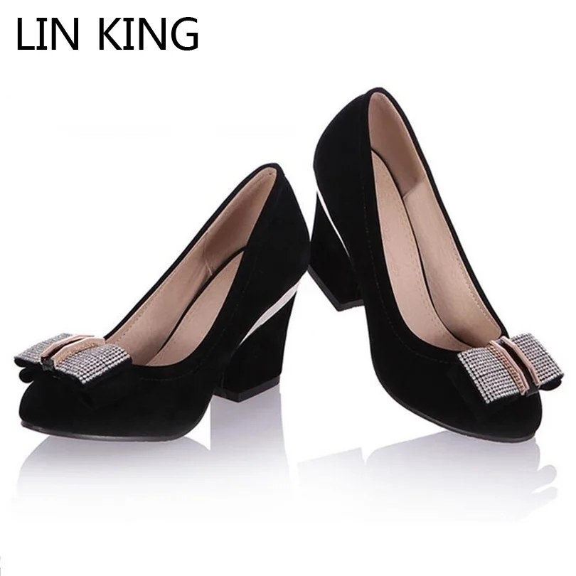 LIN KING Lady Pumps Low Top Bowtie Women Square Heel Shoes Luxury Crystal Rhinestone Low-top Shoes Office Lady Mature Shoes