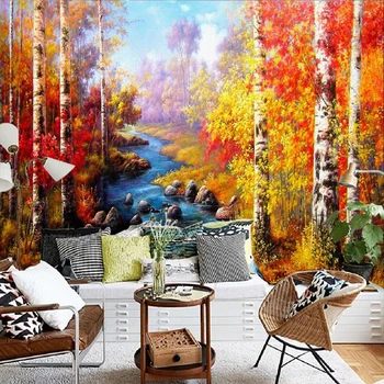 Custom 3D Wall Mural Wallpaper Birch Forest Oil Painting Bedroom Living Room Background Eco-Friendly Non-woven Wallpaper Decor