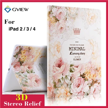 For ipad 4 3 2 Slim Tablet Leather Case Stand 3D Relief Painting Flower Print Cover Protective Stand cases for iPad 2/3/4 9.7''