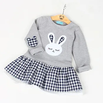 Menoea 2016 Autumn Girls Dress Casual Style Long Sleeve Cartoon Cute Baby Girl Clothes Bunny Print Plaid Dress for Kids Clothes