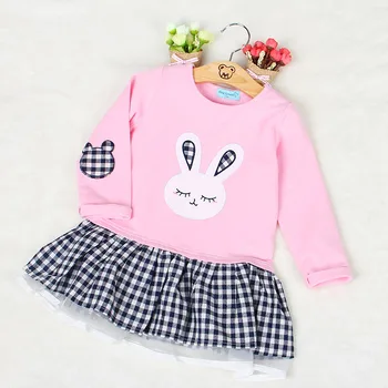 Menoea 2016 Autumn Girls Dress Casual Style Long Sleeve Cartoon Cute Baby Girl Clothes Bunny Print Plaid Dress for Kids Clothes