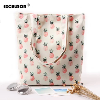 EXCELSIOR 2017 Fresh Cartoon Fruit Pineapple Printed Canvas Cotton Tote Bags Eco Shopping Beach Bags Women Girl Shoulder Handbag