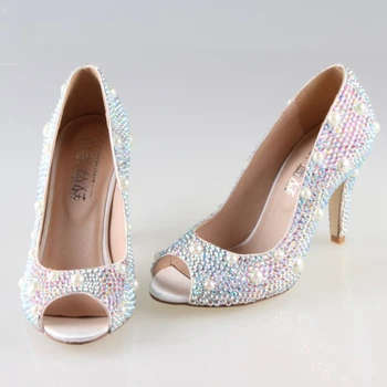Handmade sewed pearls with AB crystal rhinestone sparkling woman shoes open peep toe bridal wedding party evening dress shoes