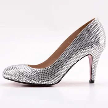 Handmade full rhinestone diamond silver white woman crystal shoes wedding party prom banquet evening pumps heels small big size