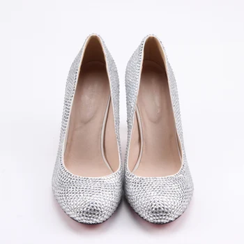 Handmade full rhinestone diamond silver white woman crystal shoes wedding party prom banquet evening pumps heels small big size