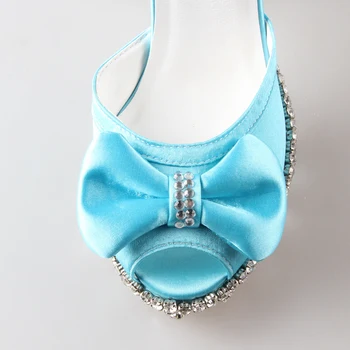 Handmade light sky baby blue D'orsay peep open toe woman bridal shoes sewn crystal wedding party Valentine pumps heels ribbon