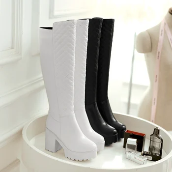 Women Winter Warm Fur Knee High Boots Platform Thick Heels Fashion Side Zipper Tall Boot Footwear Black White