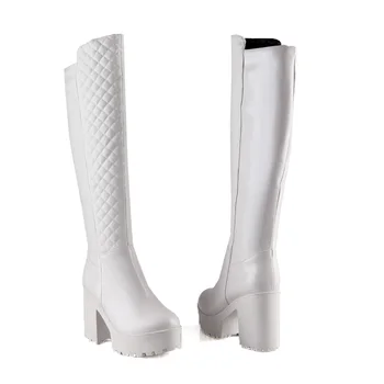 Women Winter Warm Fur Knee High Boots Platform Thick Heels Fashion Side Zipper Tall Boot Footwear Black White