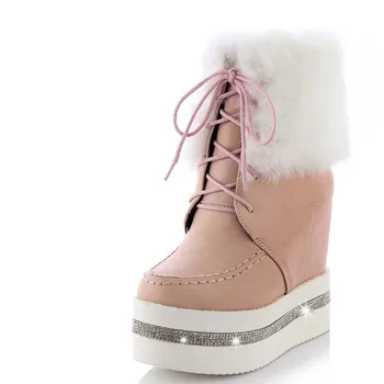 ENMAYLA Winter Warm Fur Snow Boots Women Lace-up High-top Shoes Woman Rhinestone Wedges Heel Platform Ankle Boots Shoes