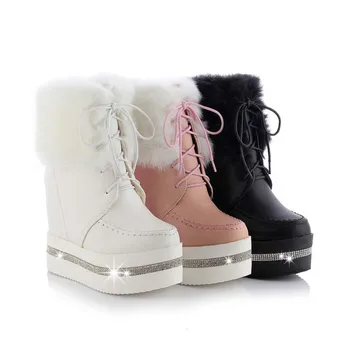 ENMAYLA Winter Warm Fur Snow Boots Women Lace-up High-top Shoes Woman Rhinestone Wedges Heel Platform Ankle Boots Shoes