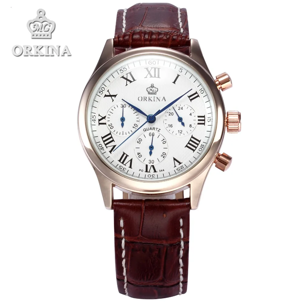 Orkina Brand Chronograph Rose Gold Case Japan Movement Coffee Leather Band Mens Wrist Watch Clock 2016 New Luxury Cool Horloges