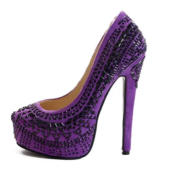 Shofoo 2017 Purple Extreme High Heels With Platforms Beading Slip on Pumps Party Evening Bayan Ayakkabi Shoes Big Size 4-16