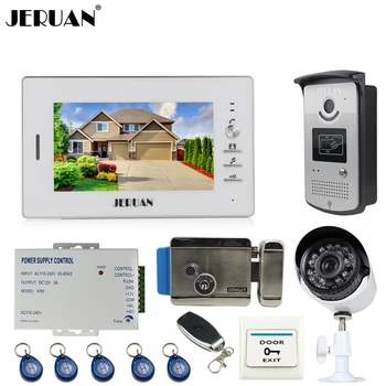 JERUAN Home 7`` TFT screen Video Door Phone Intercom System kit RFID Access Camera + 700TVL Analog Camera +remote control+E-lock