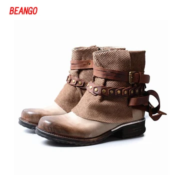 BEANGO Do Old 2017 Autumn&Winter New Leather Boots Belt Buckle Women Mixed Color Motorcycle Boot Low heel Martin Retro Shoes