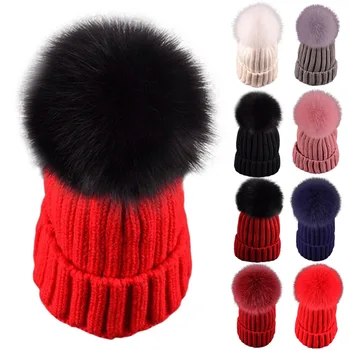 Fashion Winter Women's Hats Beanie Warm Crochet Knit Thick Hat Autumn Fox Fur Pompons Bonnet Mink Pom Poms Female Ladies Girl