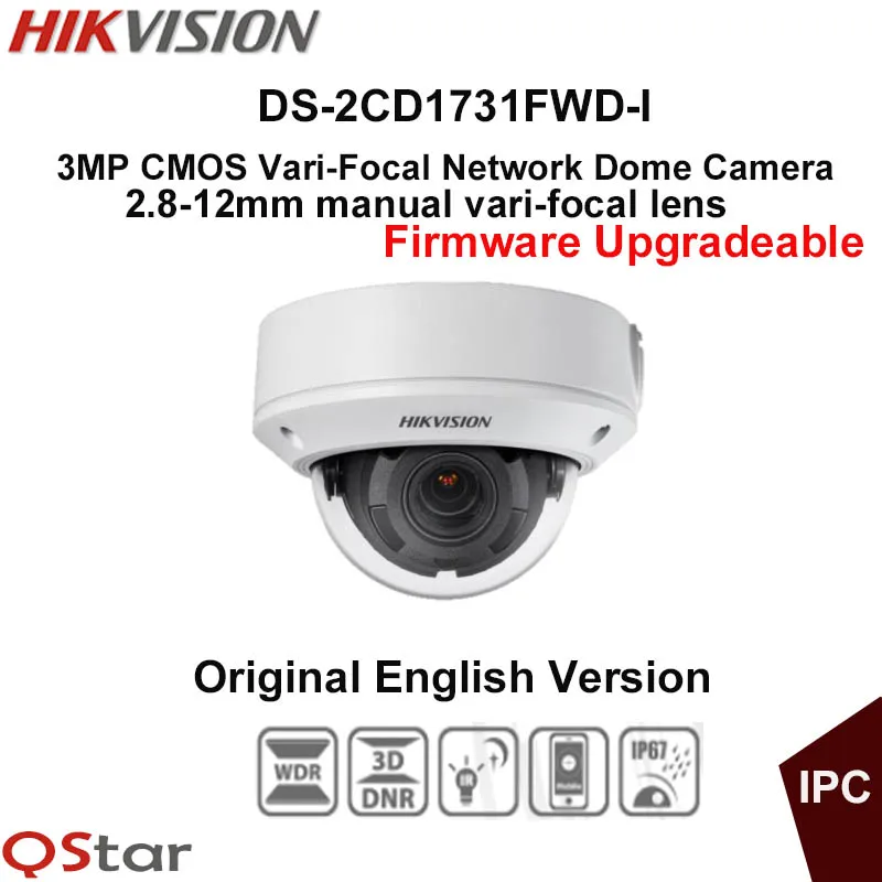 Hikvision Original English CCTV Camera DS-2CD1731FWD-I 2.8-12mm Manual lens 3MP Vari-Focal Dome IP Camera POE IP67 Upgradeable