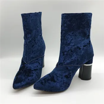 Royal Blue Velvet Short Booties Women High Heels Pointed Toe Back Zipper Ankle Sock Boots Chunky Heel Botines Mujer Women Pumps
