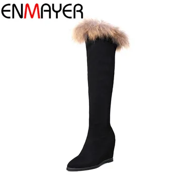 ENMAYER Knee-high Boots for Women High Heels Round Toe Size 34-40 Motorcycle Boots Platform Shoes Zippers Solid Black Shoes