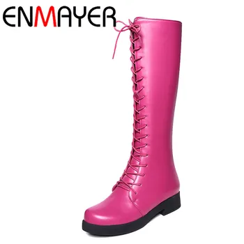 ENMAYER Fashion Girls Motorcycle Boots Low Heels Half Boots Women Flats Lace-up Knight Boots Black Red Sweet Platform Shoes