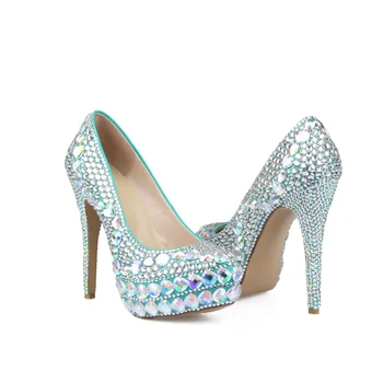 New !Colorful Rhinestones Women Wedding Shoes Platform High Heels Women Pumps Slip On Genuine Leather Party Shoes