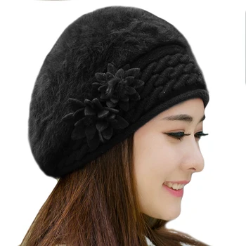 Female Caps Faux Rabbit Fur Braided Warm Winter Flower Hats for Women Wool Knitted Beret Beanie Hats Gorros Cap Bonnet Femme
