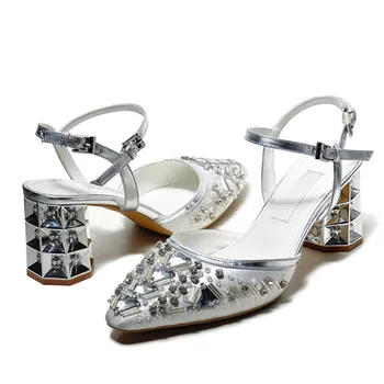 Fashion Rhinestone Women Sandals Pointed Toe High Heels Beading Women Pumps Wedding Dress Shoes Woman Stiletto Cinderella Shoe