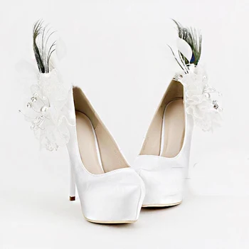 Luxury White Satin Wedding Shoes Appliques and Feather Women High Heels 5.5 Inches Heel Fashion Platform Bride Shoes