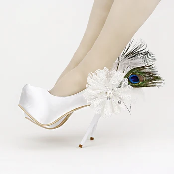 Luxury White Satin Wedding Shoes Appliques and Feather Women High Heels 5.5 Inches Heel Fashion Platform Bride Shoes