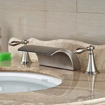 Brushed Nickel Waterfall Spout Bathroom Faucet Widespread Mixer Tap