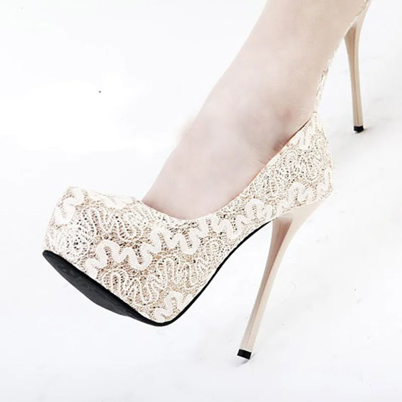 Sweetness Lace Super High Heel Shoes Round Toe Pump Gown prom Shoes Fashion Office Shoes Wedding Bridal Shoes